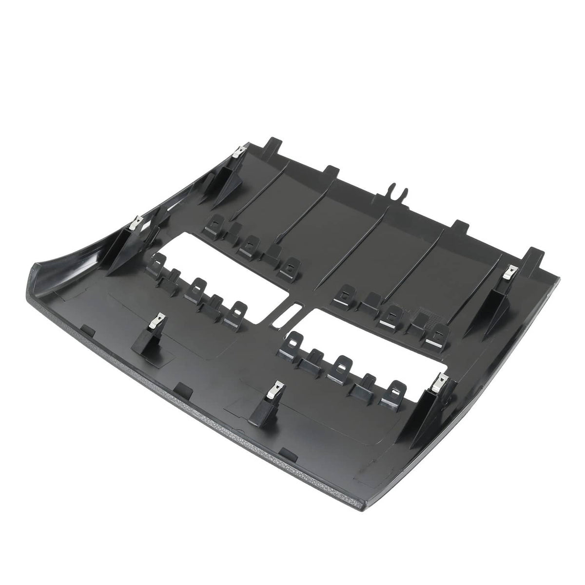 Black plastic instrument panel bezel frame with mounting tabs and recessed clips