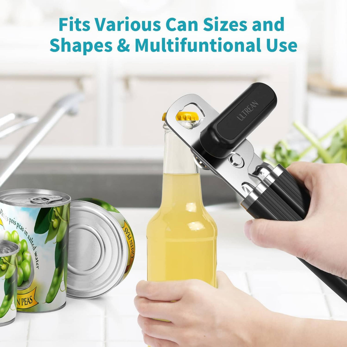 Black manual can opener and bottle opener in hand, positioned over a bottle.