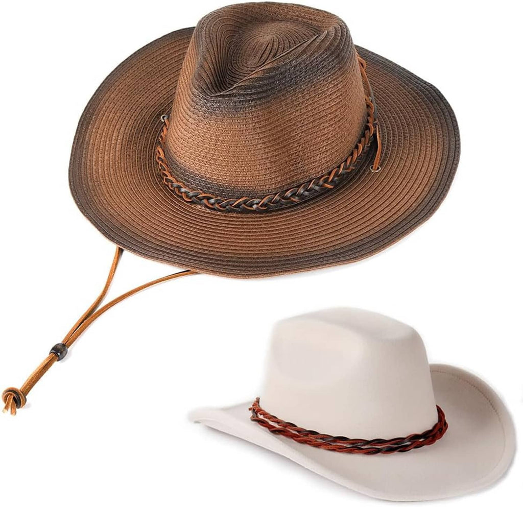 Brown and white hats styled with braided leather cord ties