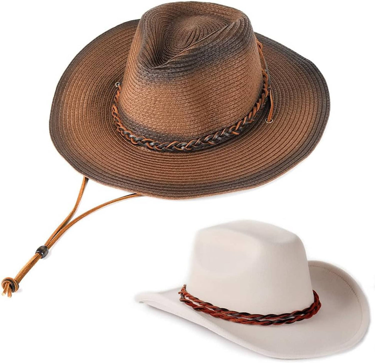 Brown and white hats styled with braided leather cord ties