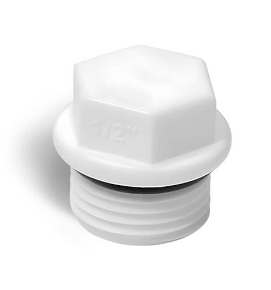 White PVC threaded pipe end cap with black ring, embossed 1/2-inch marking
