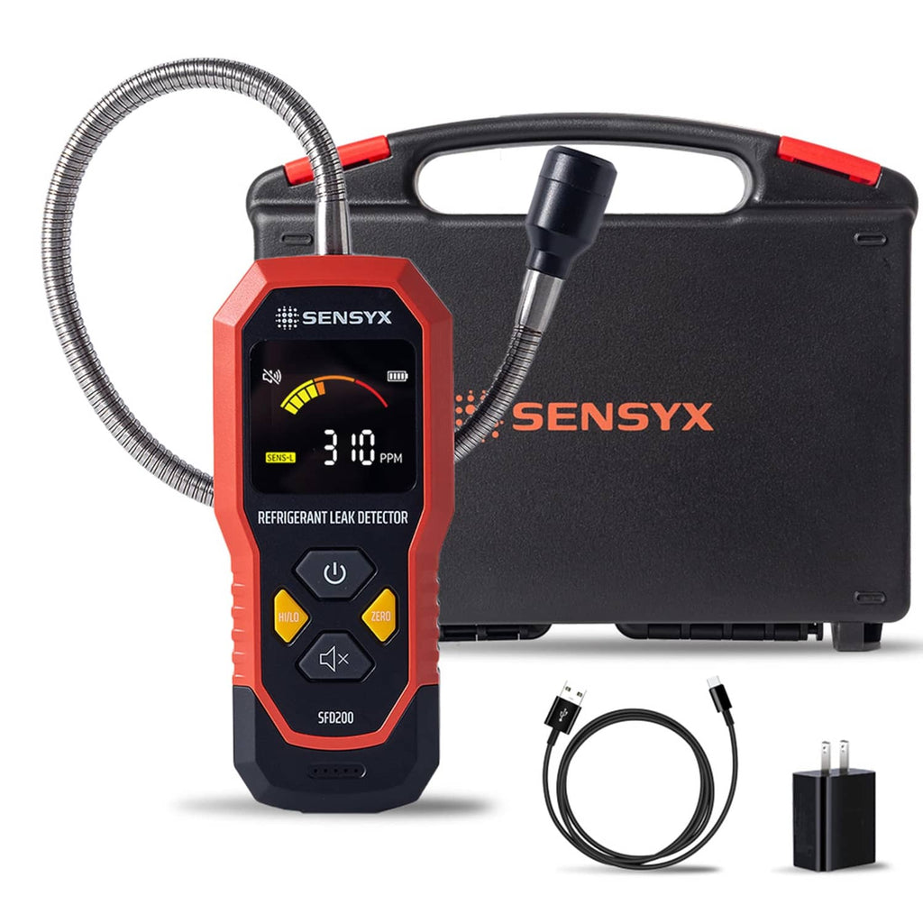 Refrigerant leak detector with flexible probe, LCD display, and black storage case