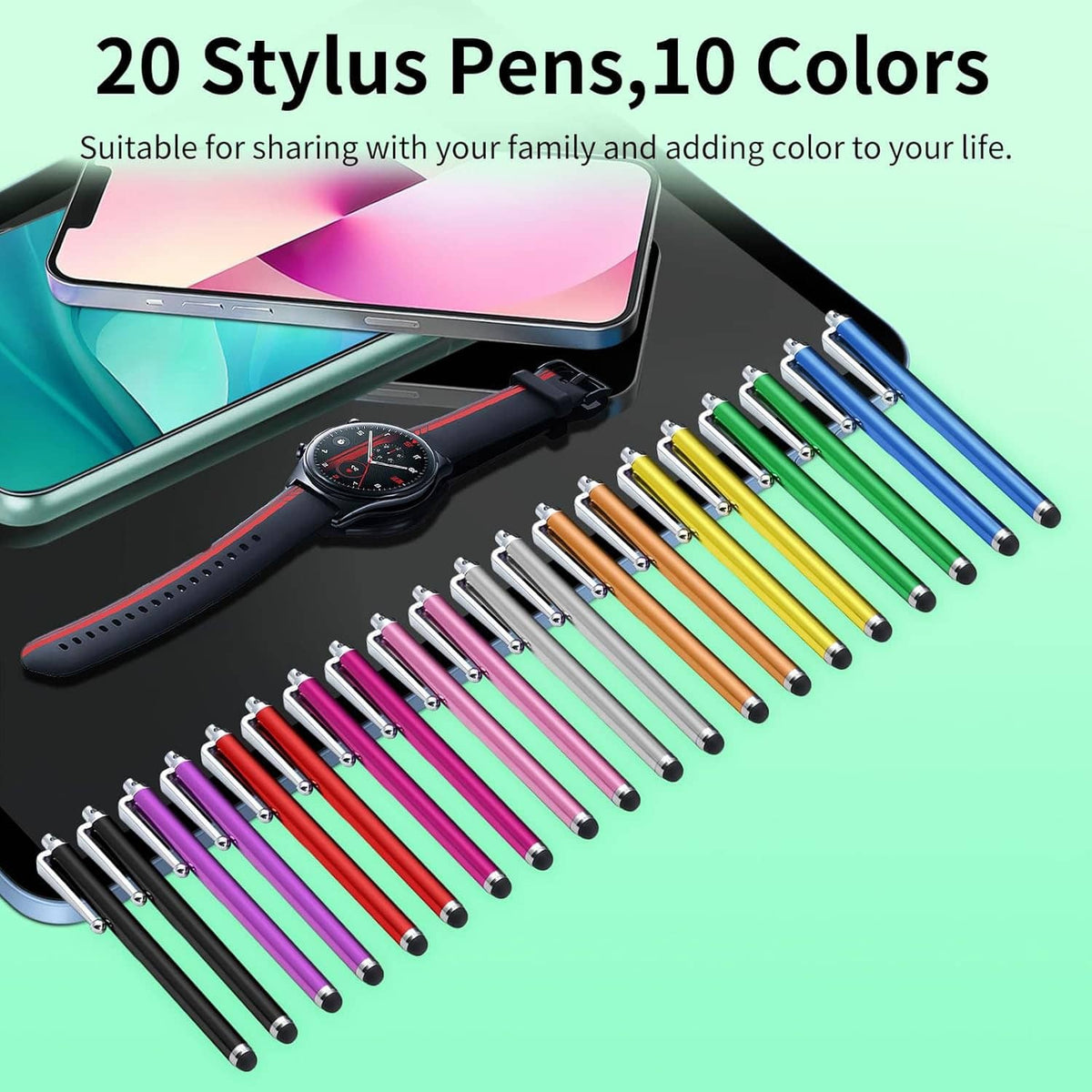 20 stylus pens in assorted colors with metal bodies and black rubber tips