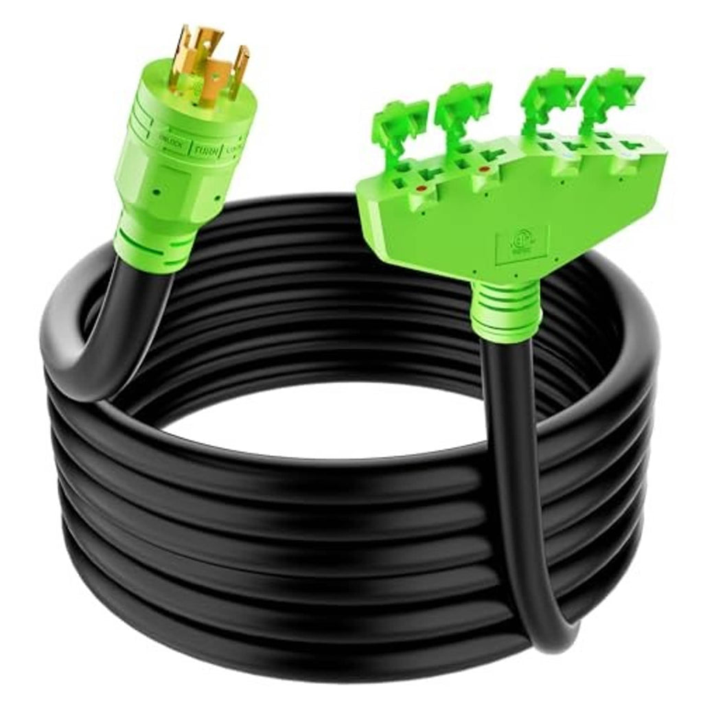 Black 15 ft power cord with green adapter plugs and outlet connector block