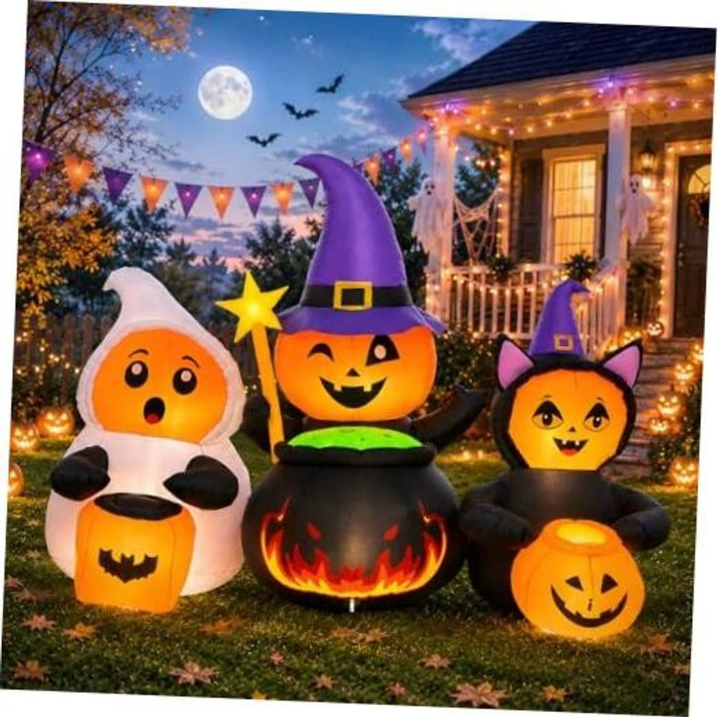 Outdoor Halloween inflatable figures: glowing jack-o-lantern, witch hat, cat, cauldron