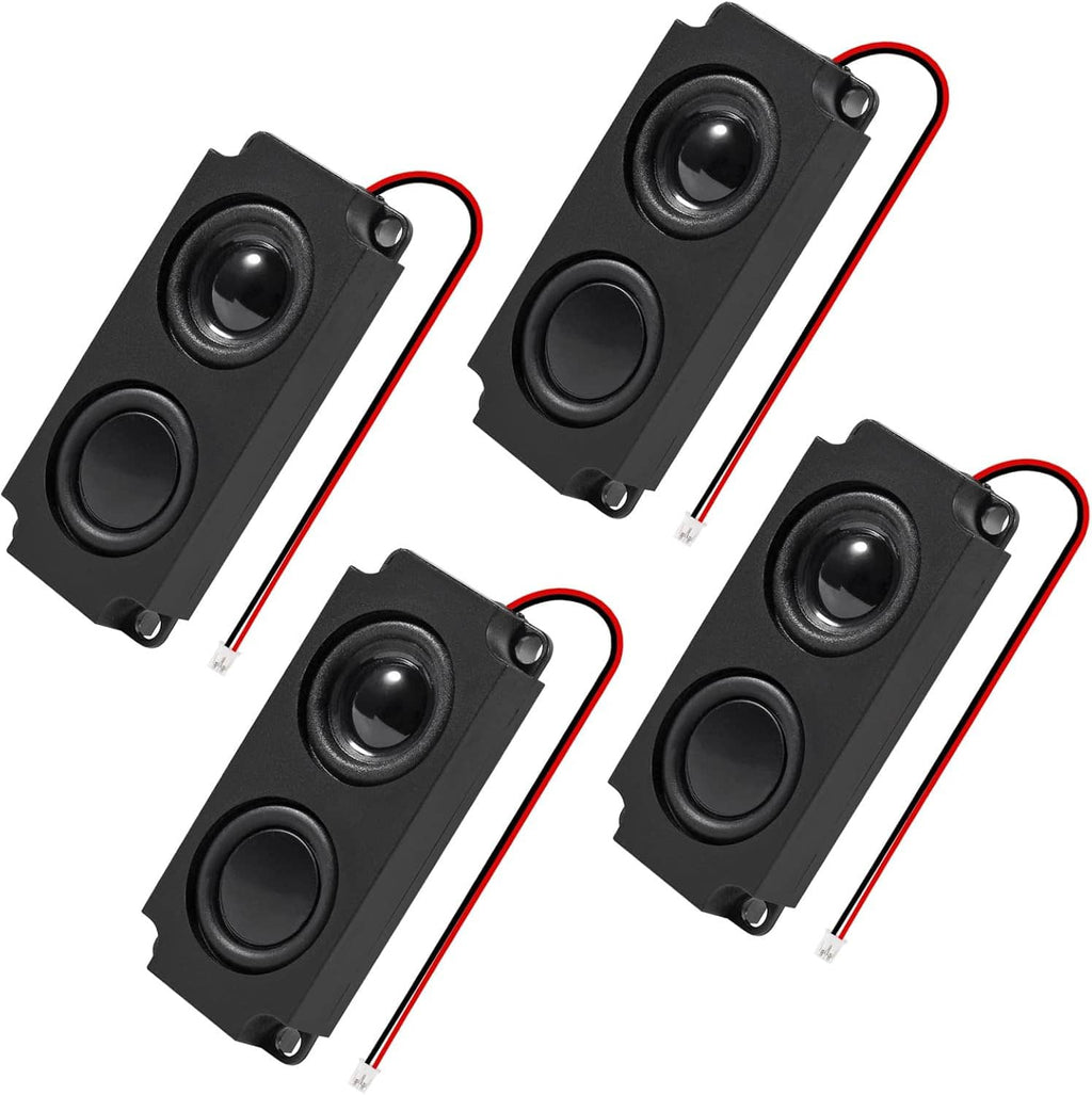 Four black mini dual-speaker modules arranged diagonally with lead wires