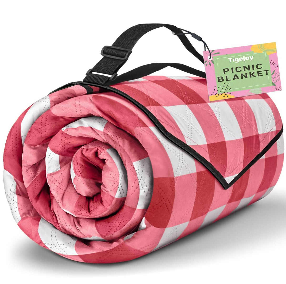 Rolled red-and-white check picnic blanket with carry straps and buckled handle