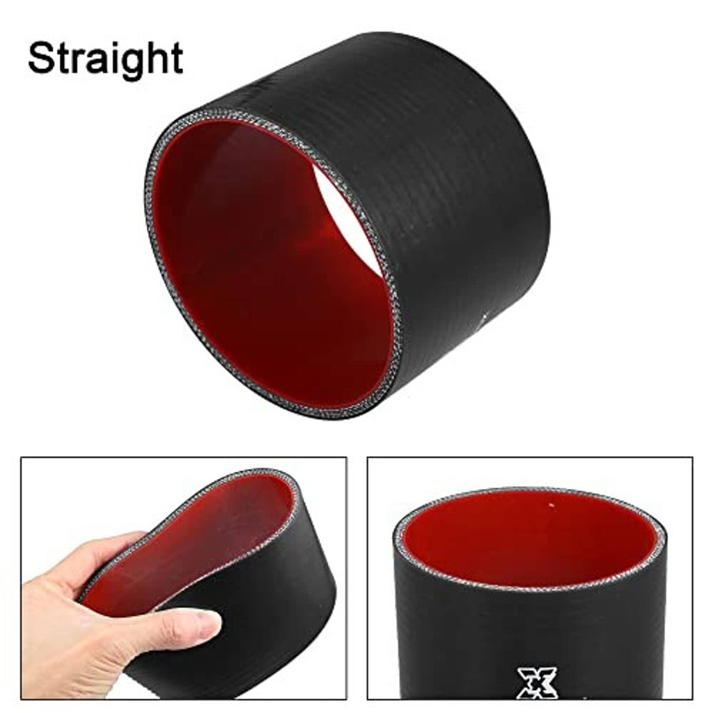 Black straight silicone hose reducer with red inner lining; textured finish and stitched rim
