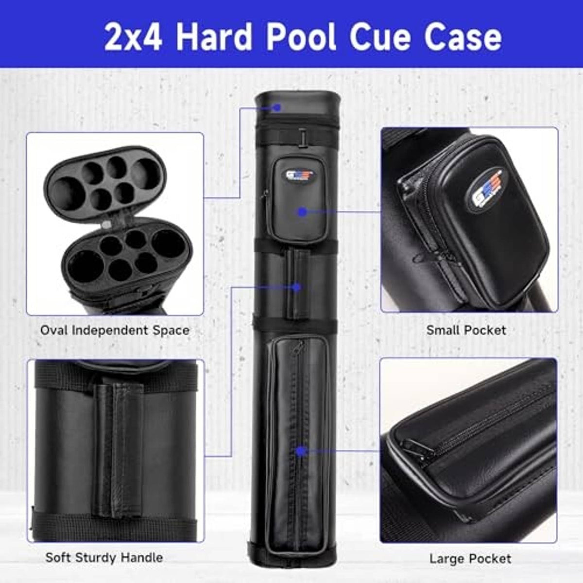 Black hard pool cue case with top small pocket and long large pocket compartments
