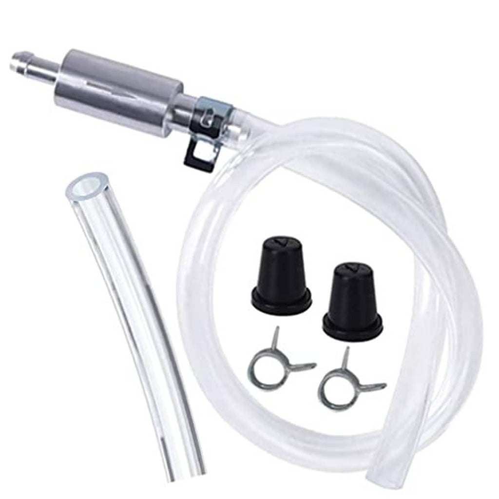 Brake bleeding hose kit with clear tube, metal connector, black check valve caps, rings