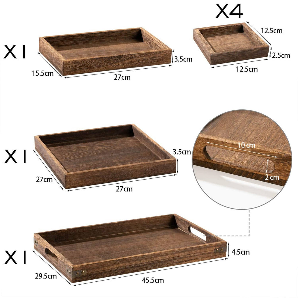 Rectangular rustic wooden serving trays with handles; measurement diagram on white background