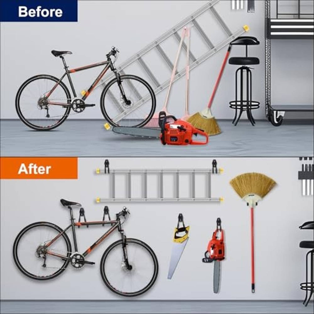 Garage storage hooks installed on wall holding tools in a row
