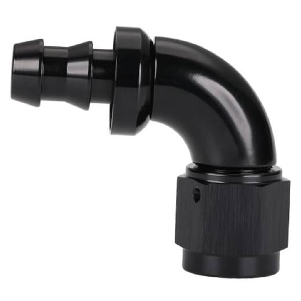 Black 90-degree push-lock hose elbow fitting with 6AN end and push collar