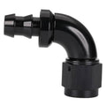 Black 90-degree push-lock hose elbow fitting with 6AN end and push collar