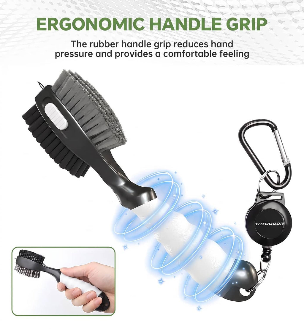 Retractable golf club cleaner brush with rubberized handle grip and retractable line