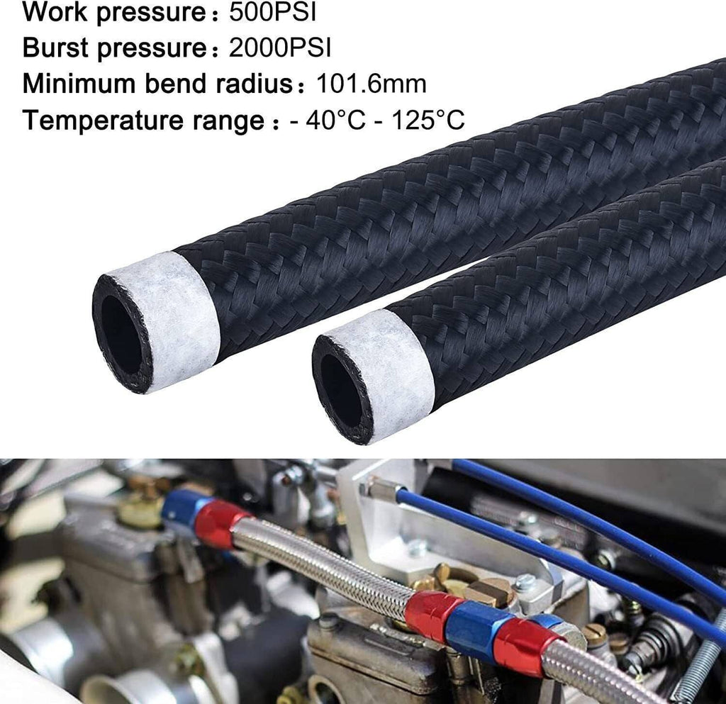 Black braided fuel hose with silver end sleeves, -40C to 125C temperature range