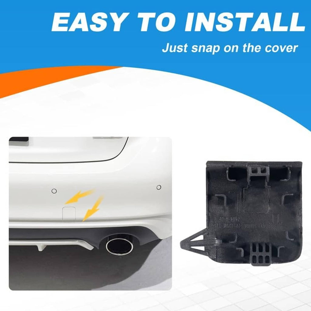 Black tow hook cover cap snap-on installation with bumper mounting area shown