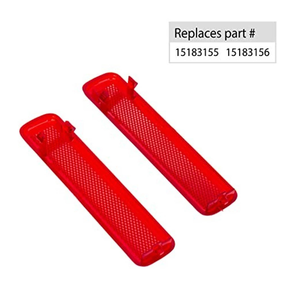 Two red door reflector panels with textured lens and small mounting tabs