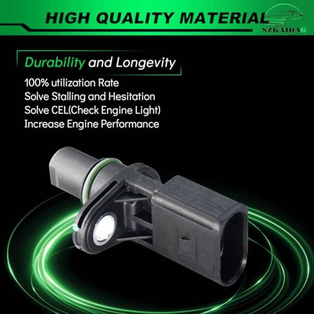 Camshaft position sensor with black connector plug and circular green seal