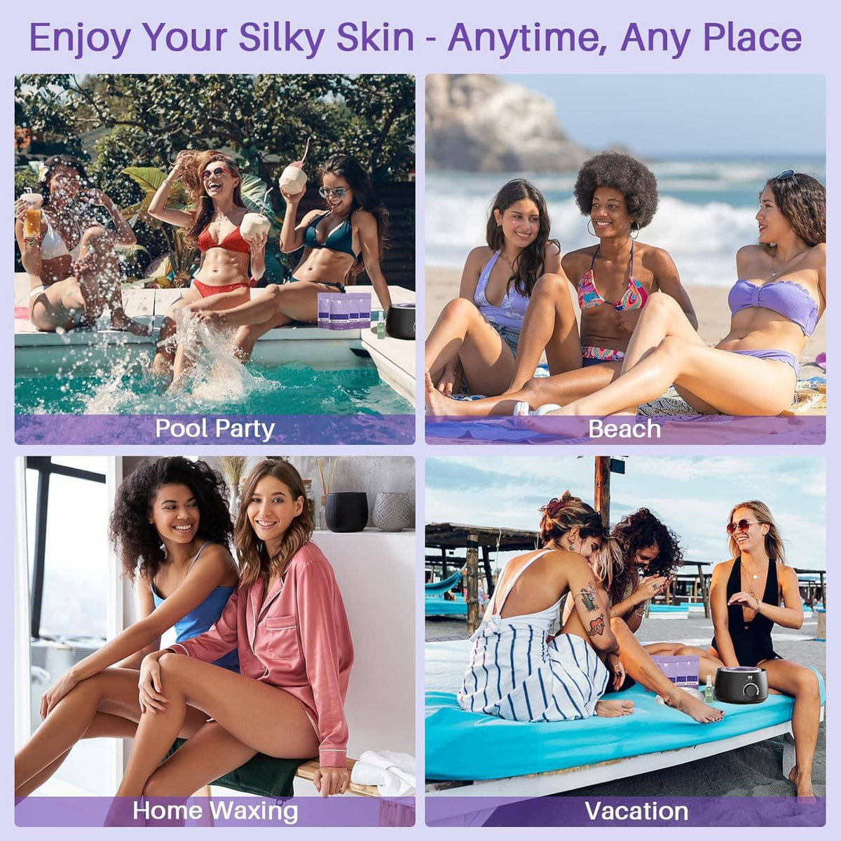 Friends enjoying pool and beach days with smooth, hair-free-looking legs
