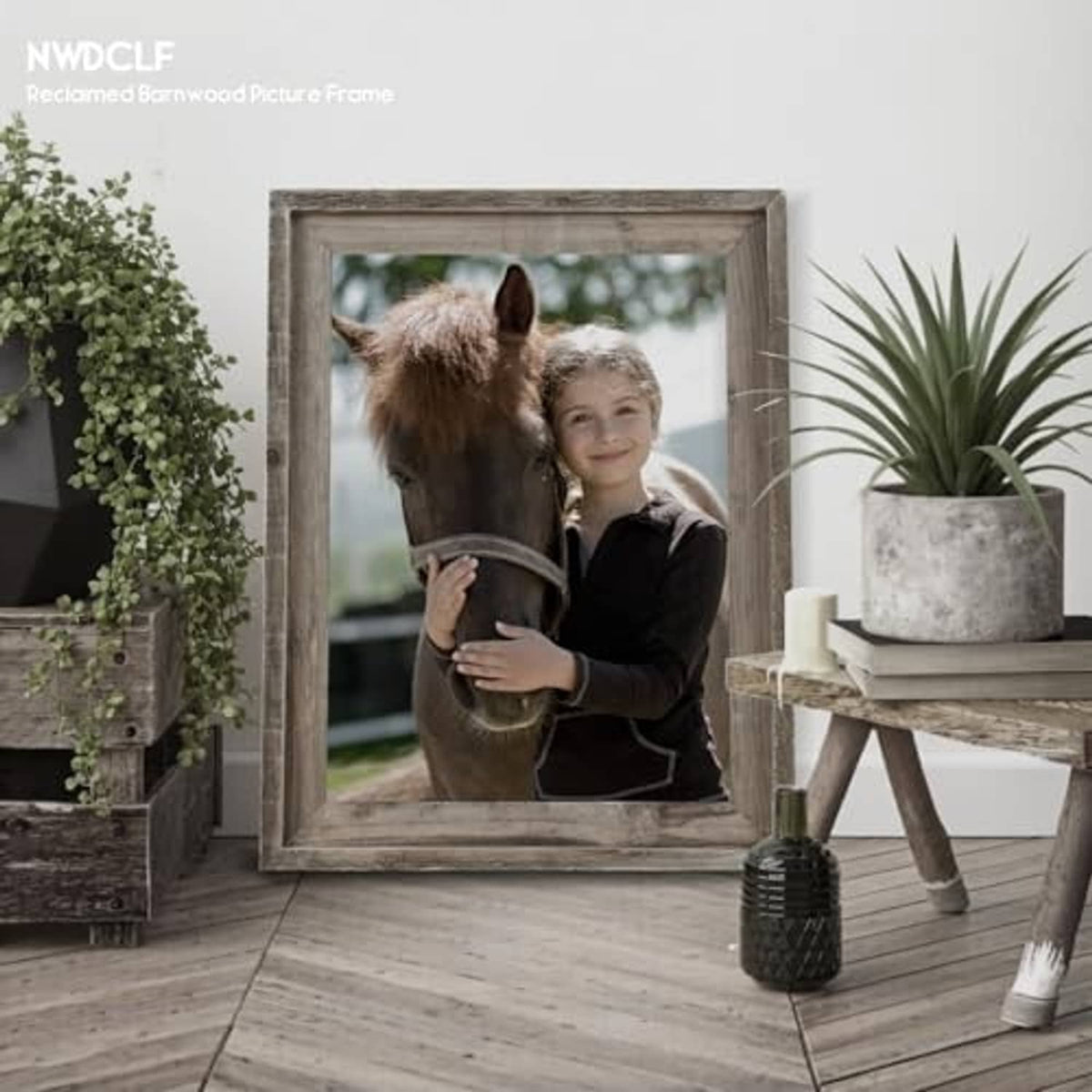 Reclaimed barnwood picture frame with real glass, child holding horse photo