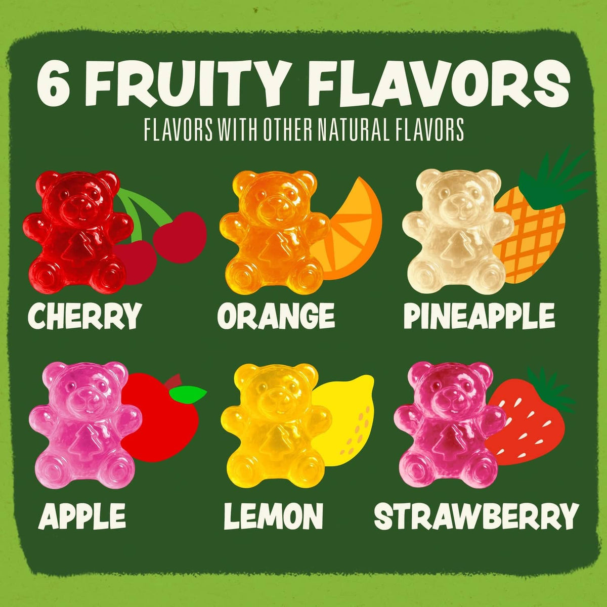 Organic gummy bear fruit flavors chart with cherry, orange, pineapple, apple, lemon, strawberry.