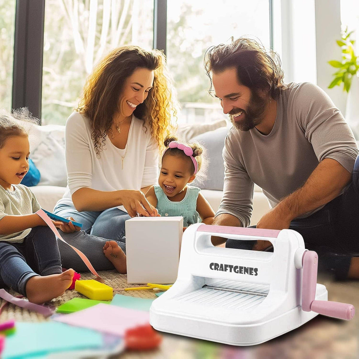 Die cutting and embossing machine on a craft table, white and pink, CRAFTGENES