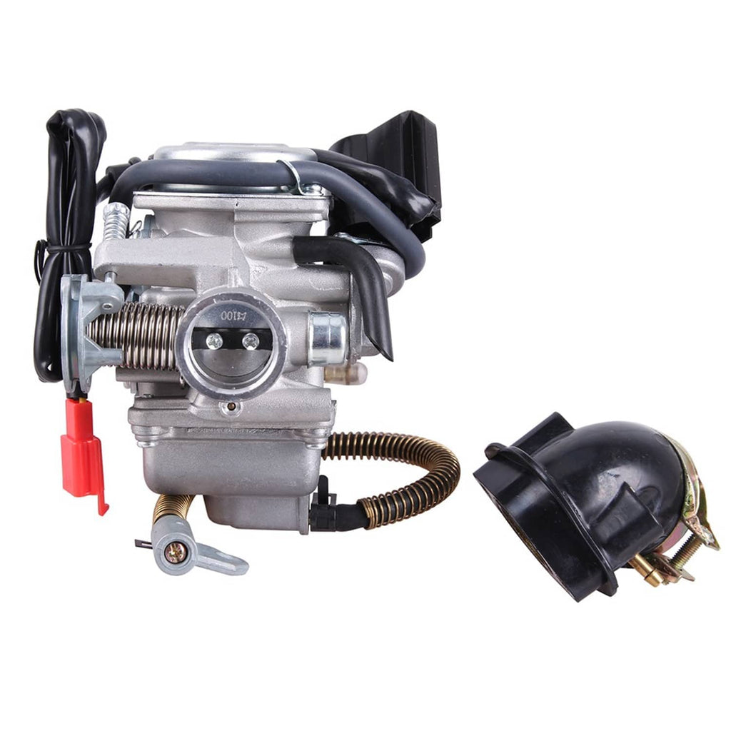 Carburetor assembly with metal housing, vacuum ports, black air intake, and red connector