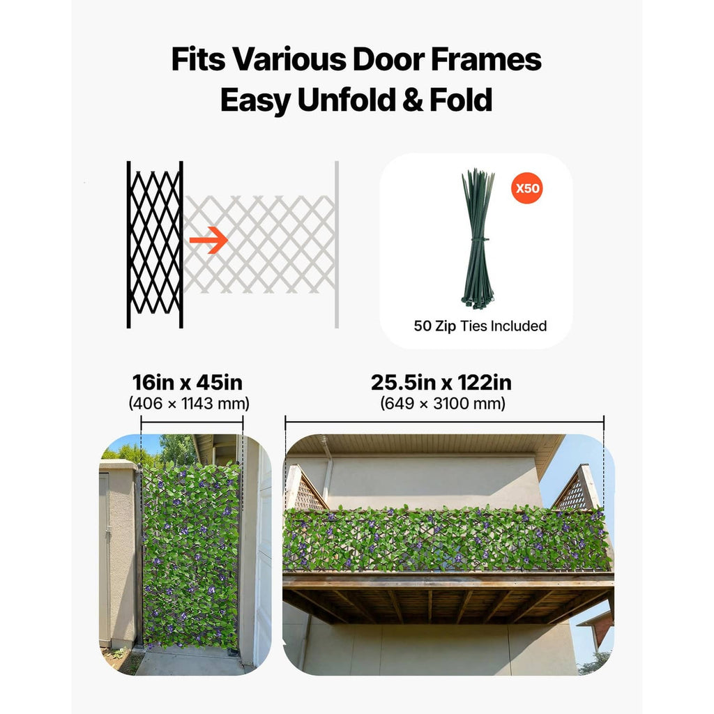 Expandable privacy screen dimensions with green ivy panel and included zip ties