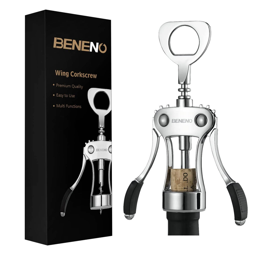 Silver wing corkscrew wine bottle opener with black grip handles, premium design