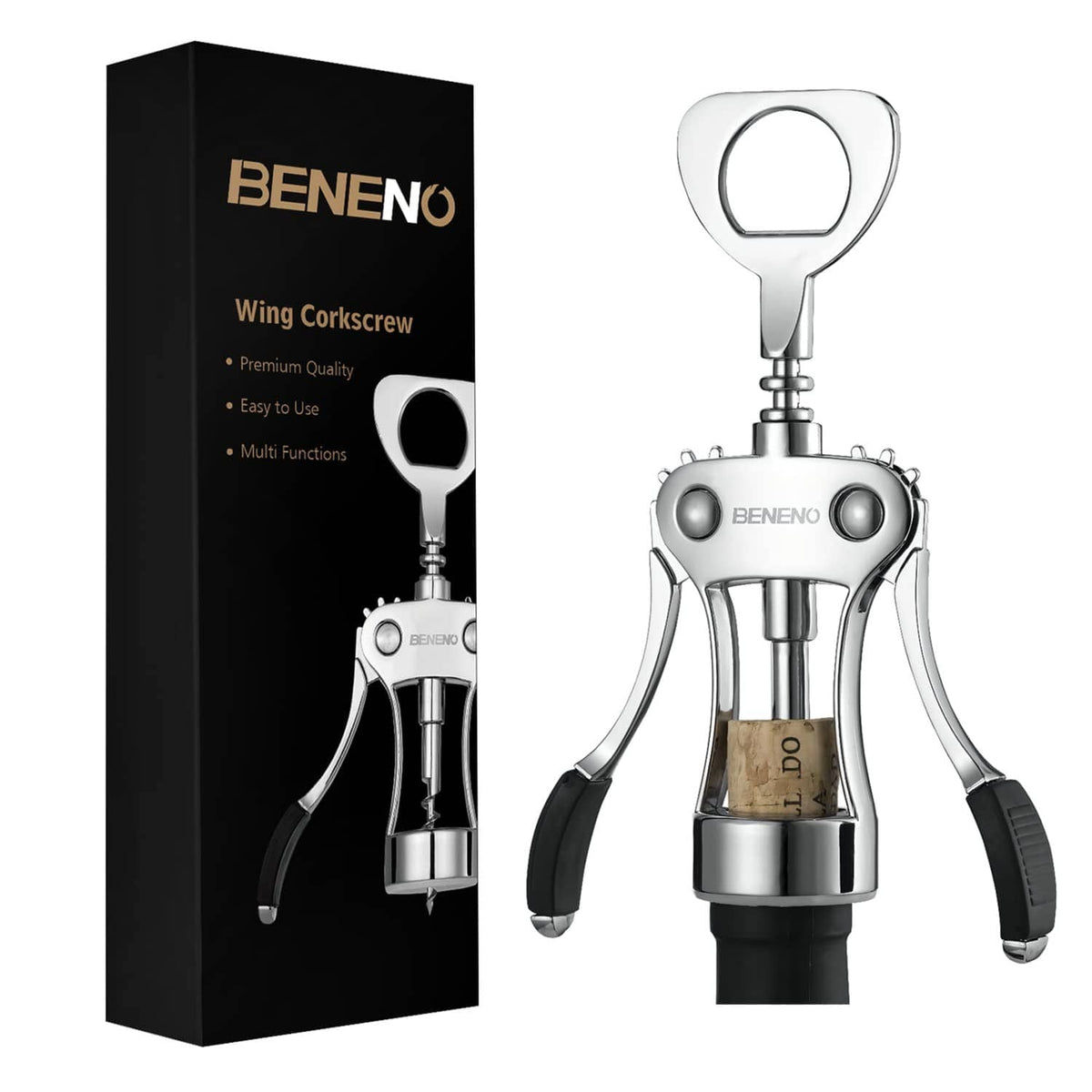 Silver wing corkscrew wine bottle opener with black grip handles, premium design