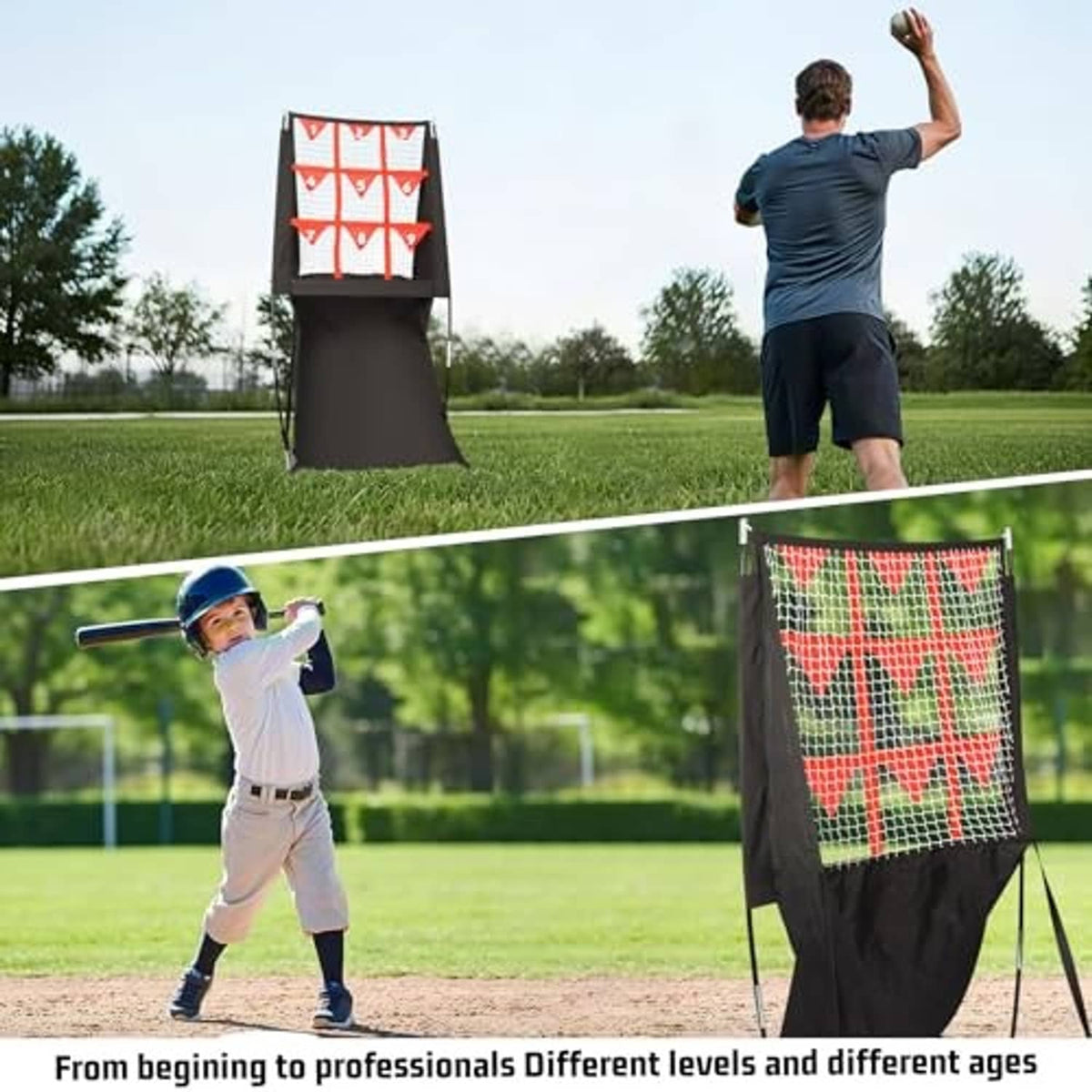 Black pitching practice net with red target grid and ball return system on legs