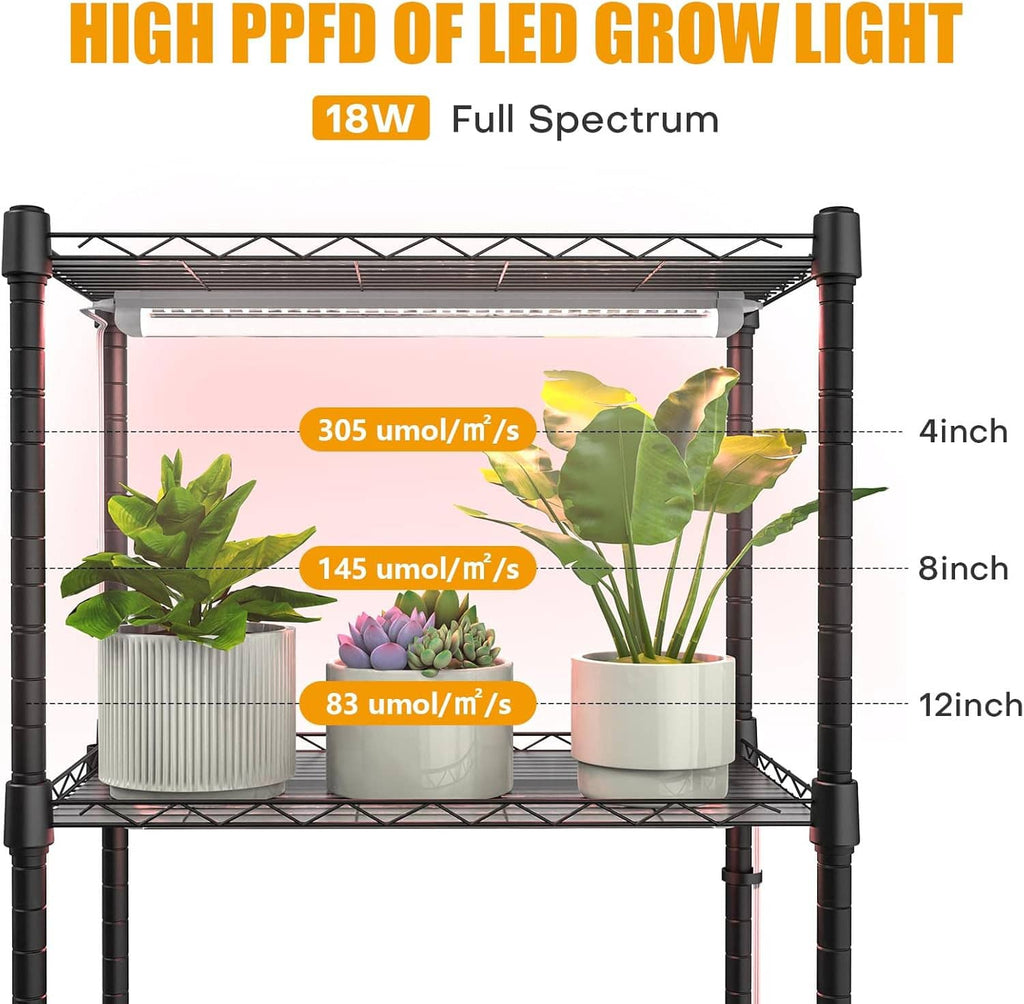 LED grow light bar inside mini greenhouse frame, full-spectrum 18W lamp setup