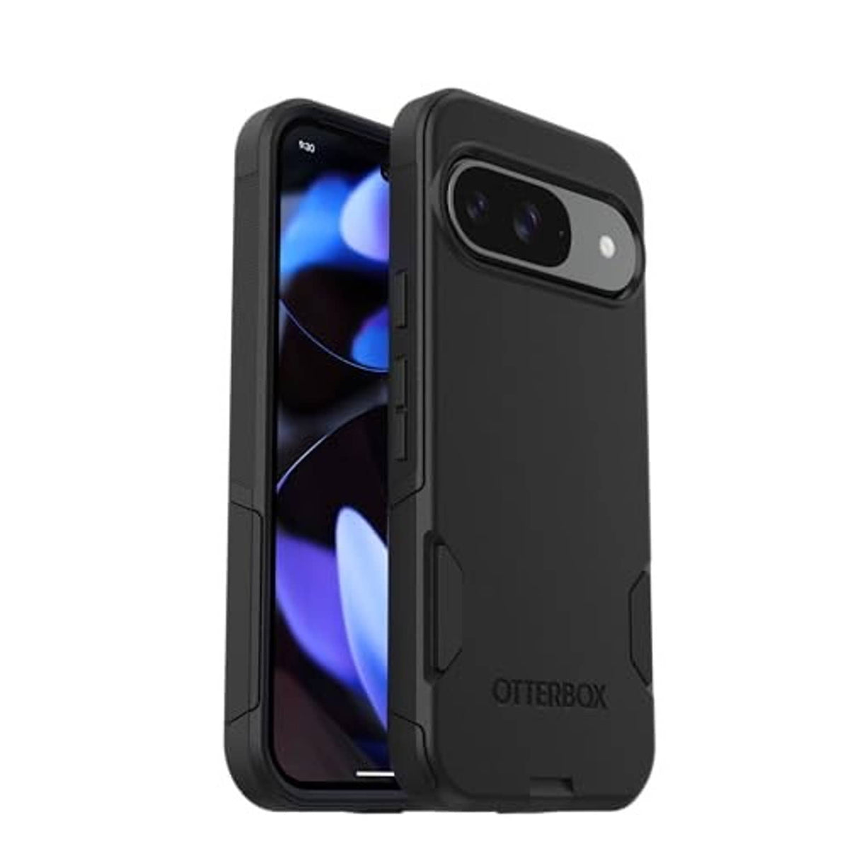 Black OtterBox commuter phone case on phone, showing camera lens cover