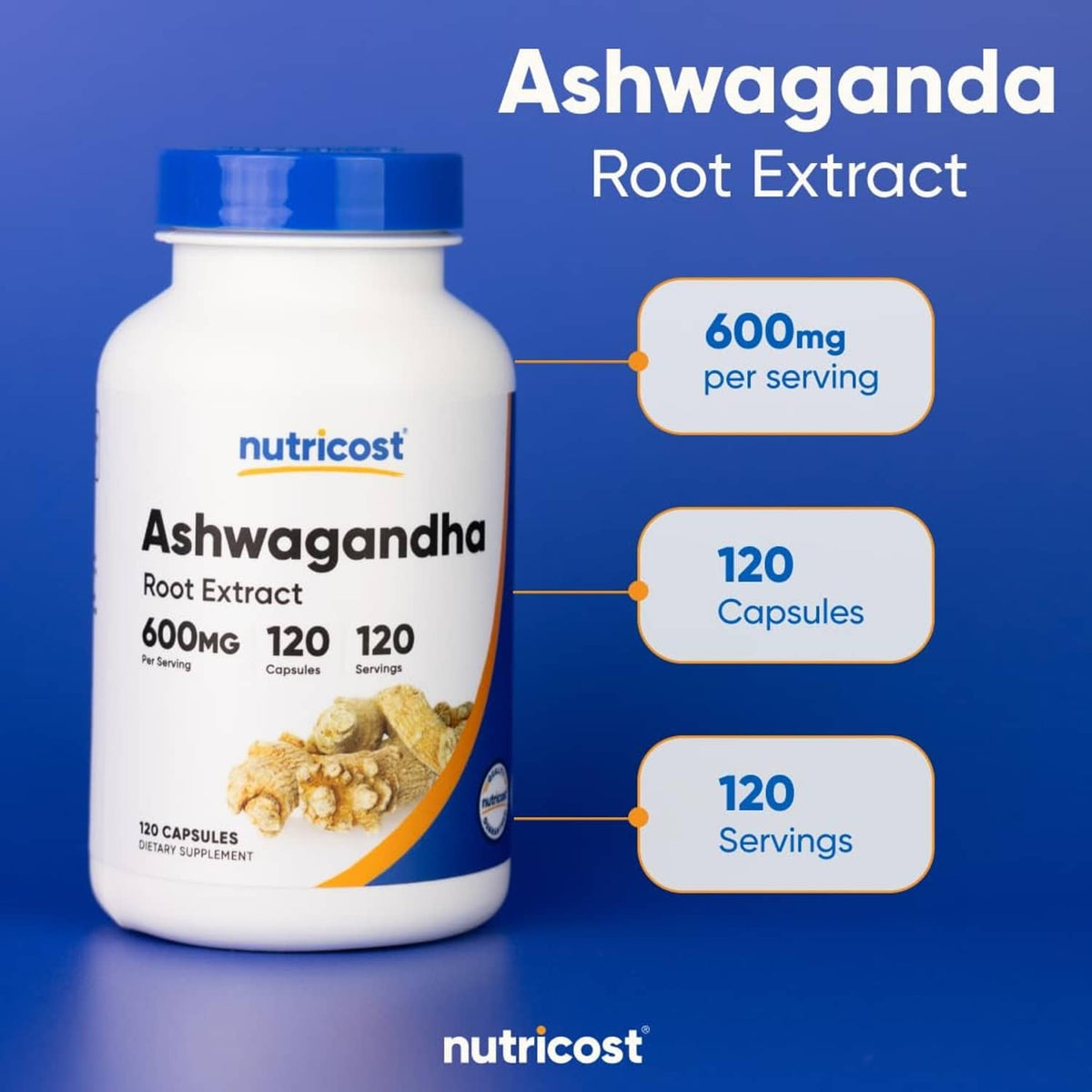 Ashwagandha root extract bottle with callouts for 600mg, 120 capsules, 120 servings