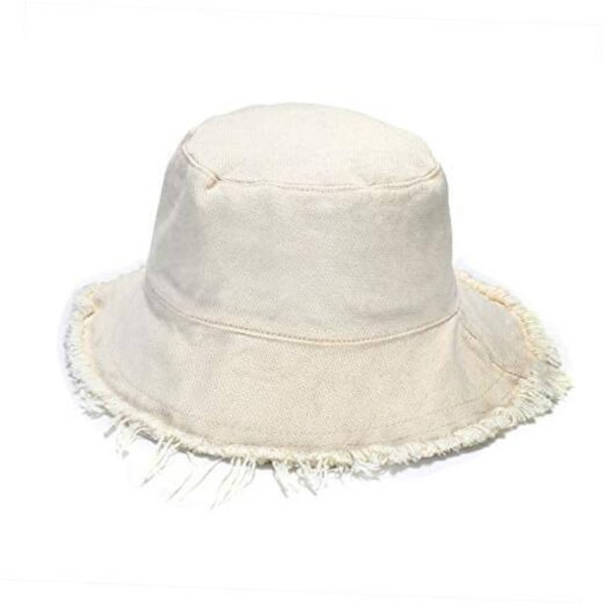 Front view cream cotton bucket hat with wide brim and fringe trim