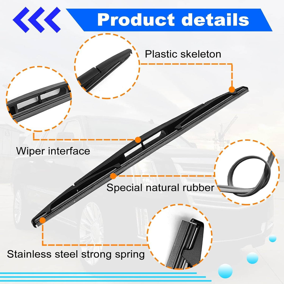 Rear wiper blade set with plastic skeleton and natural rubber blade, black