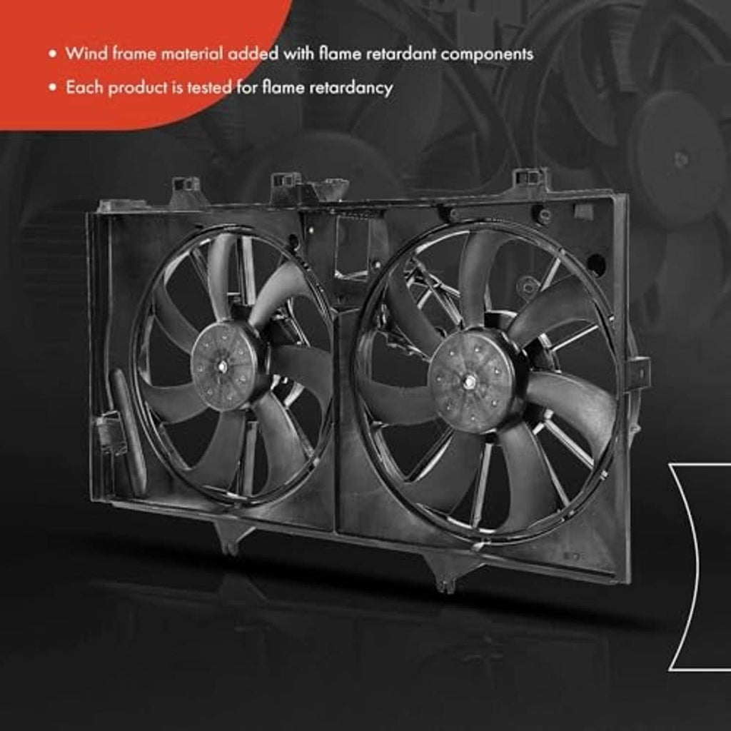 Engine radiator cooling fan assembly featuring dual fans in black plastic shroud
