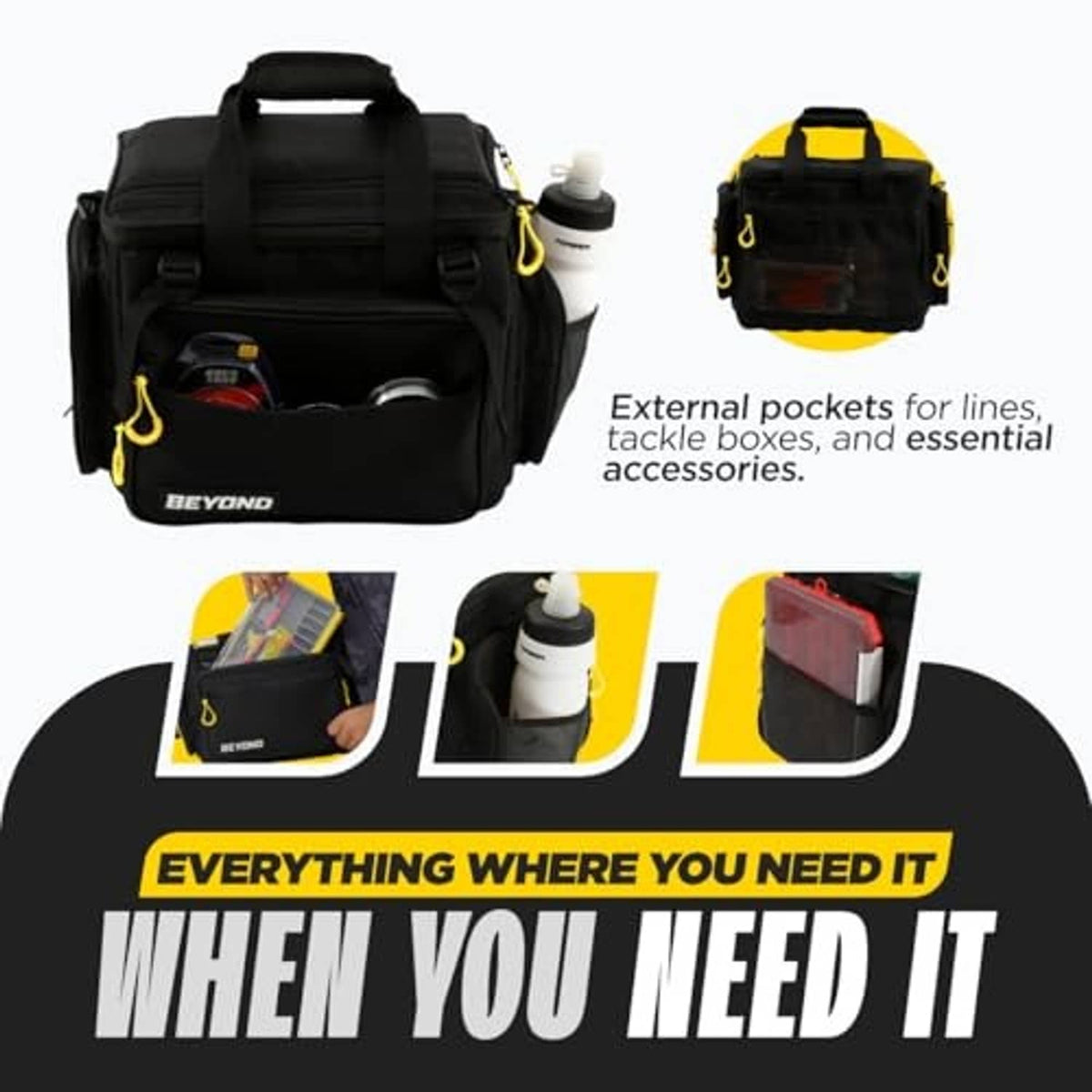 Black tackle bag with shoulder strap and external line pockets, holding bottles and small tools.