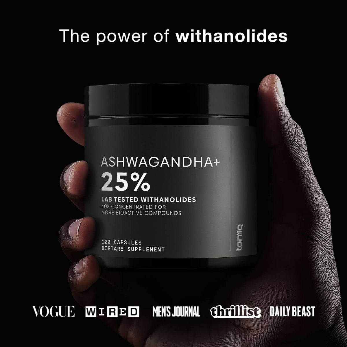 Ashwagandha+ 25% withanolides supplement bottle held in hand