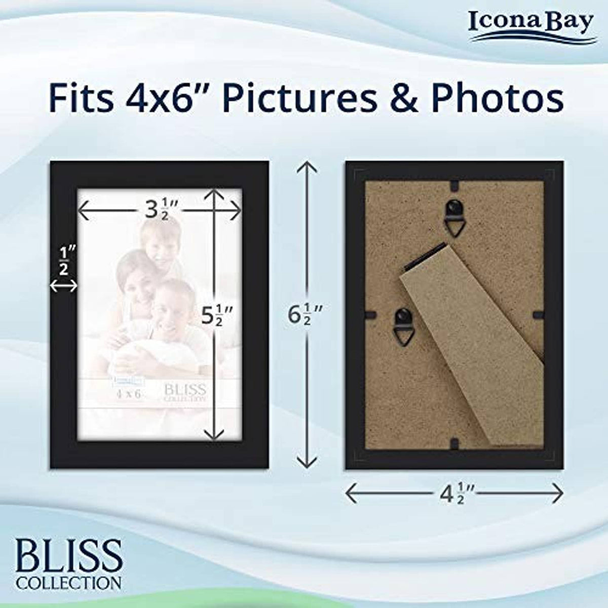 Black 4x6 photo frame with cork back and flip support, size diagram