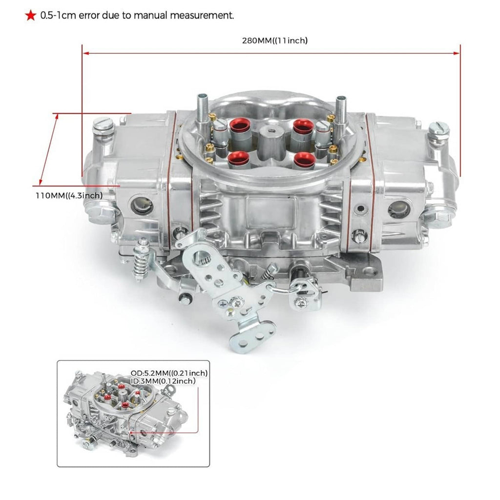 4-barrel mechanical carburetor with dimensional measurement overlay