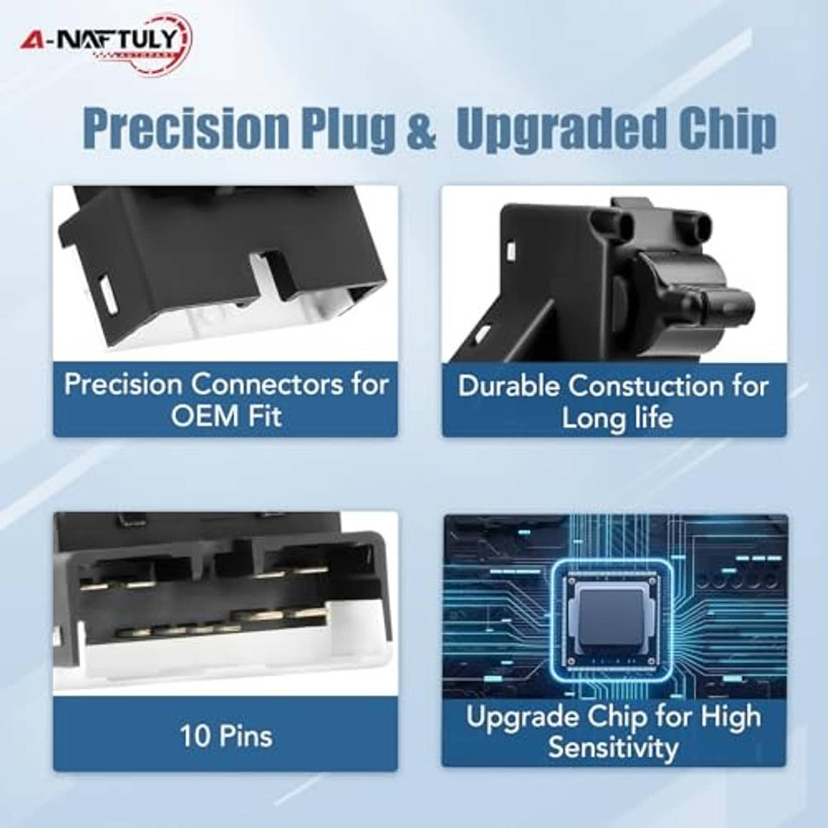 Black window switch connector housing with multi-pin terminal area