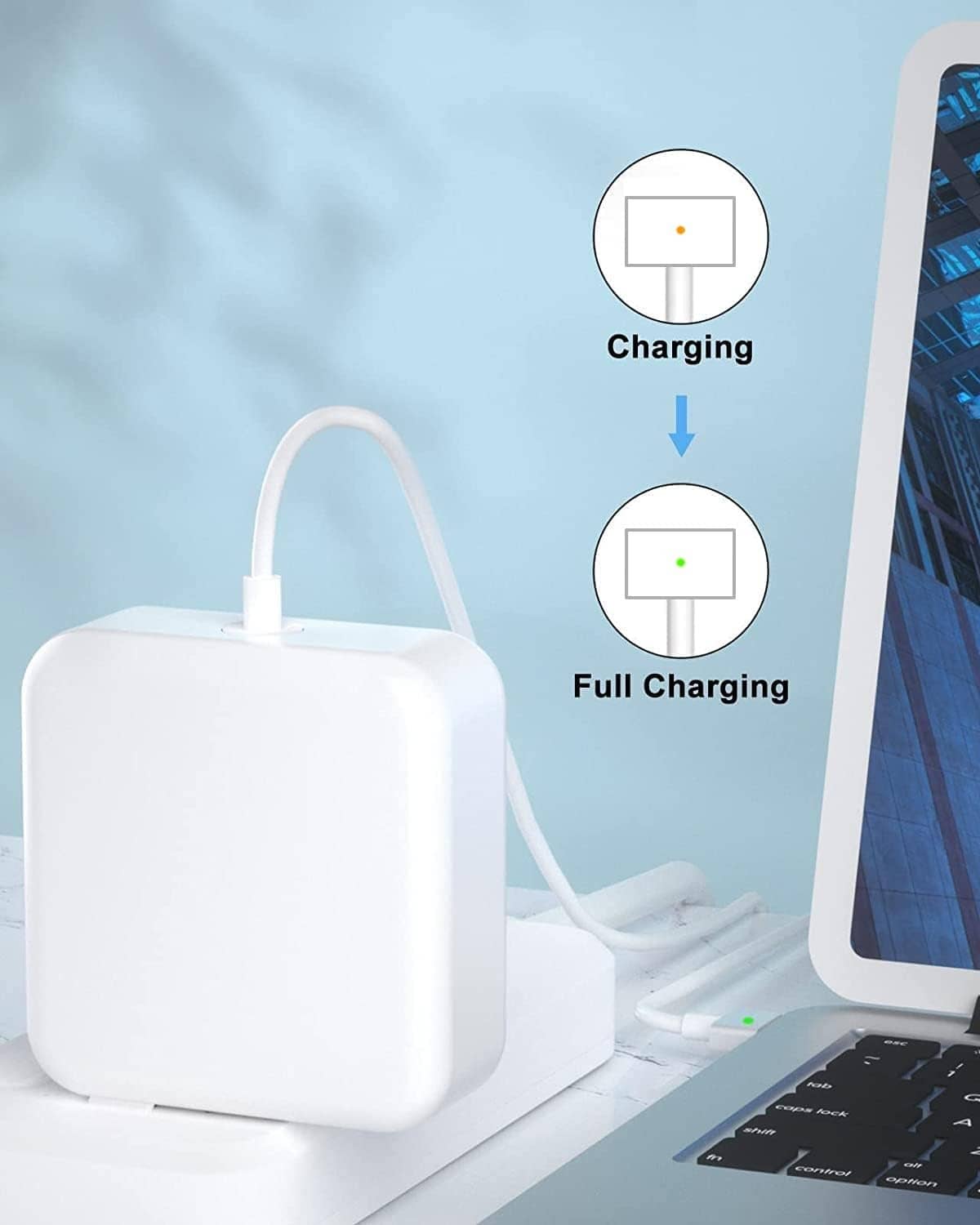 White MacBook AC charger with cable and charging status indicators