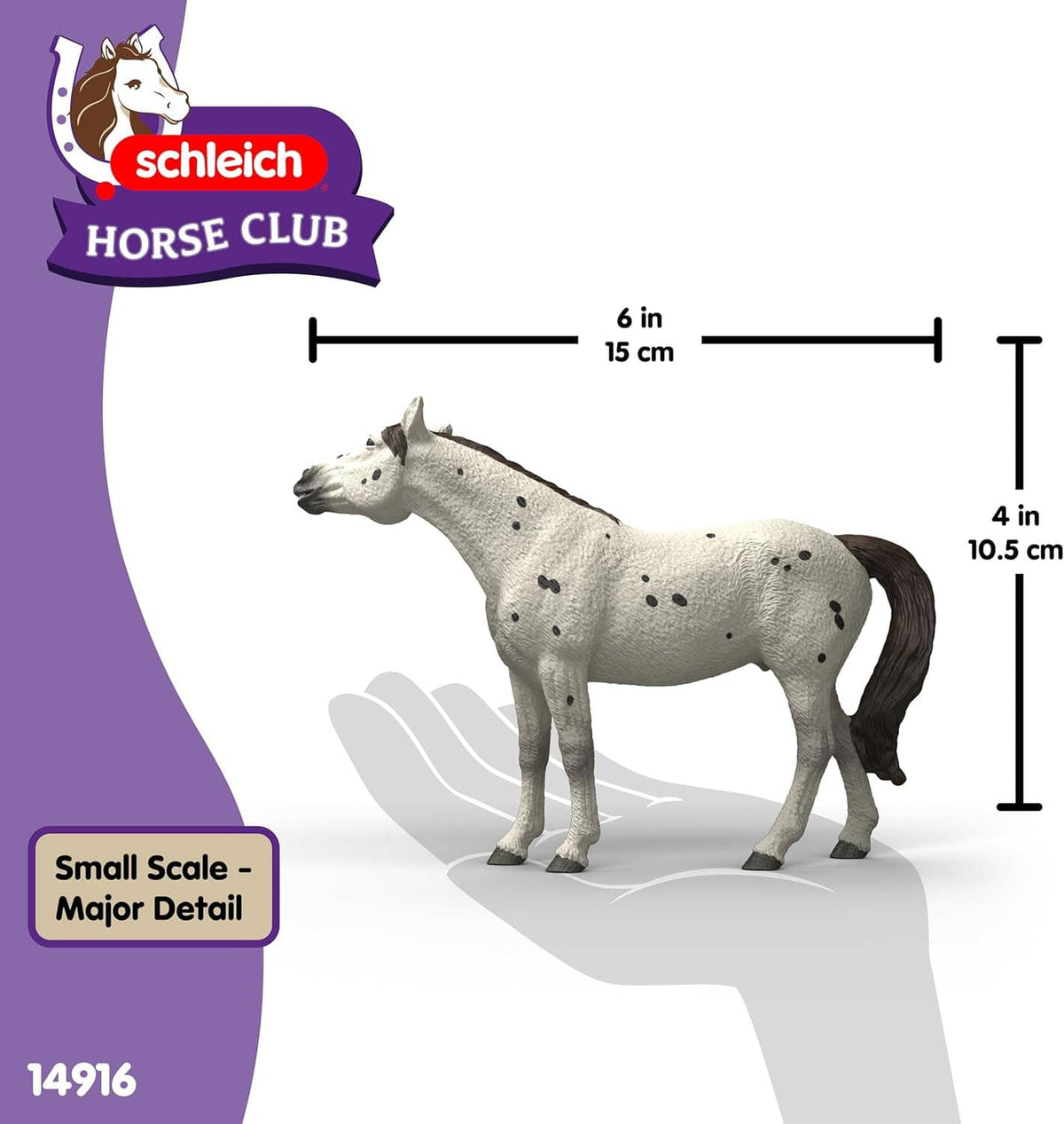 Leopard-spotted horse toy figure with black mane and tail, full-body size view.