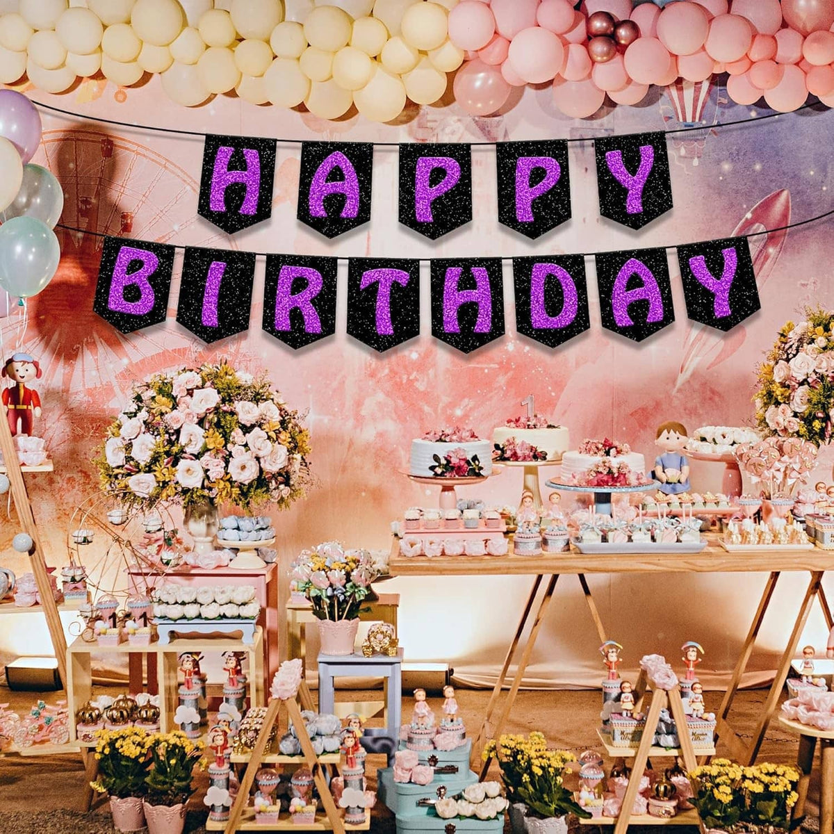 Purple glitter cardstock banner with Happy Birthday letters