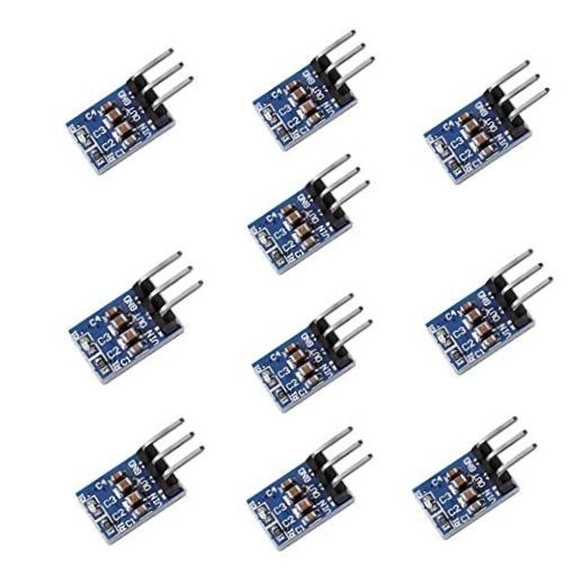 Set of 10 blue AMS1117 3.3V step-down voltage regulator boards with 3-pin headers