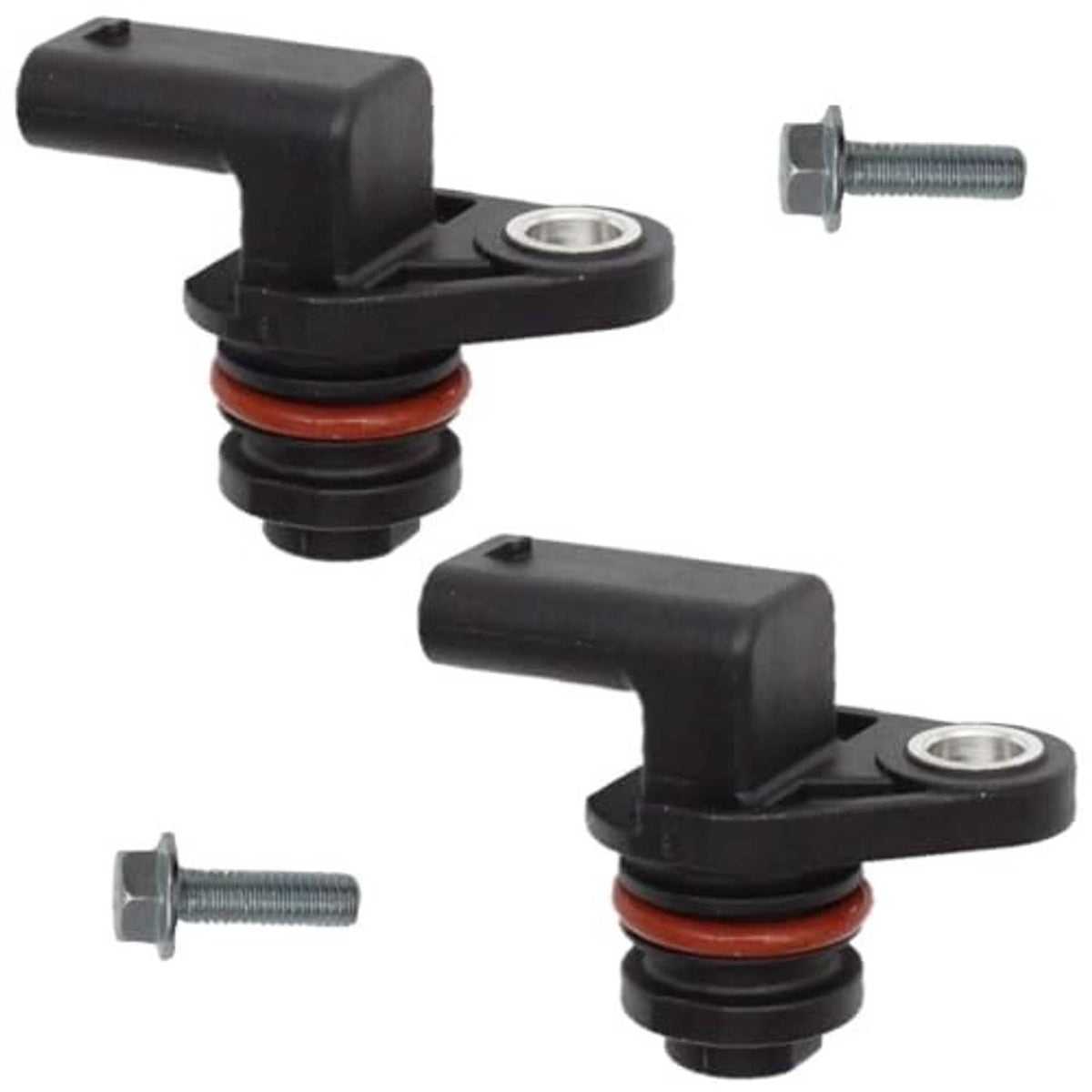 Camshaft position sensors 2-pack with black bodies, red rubber seals, and bolts