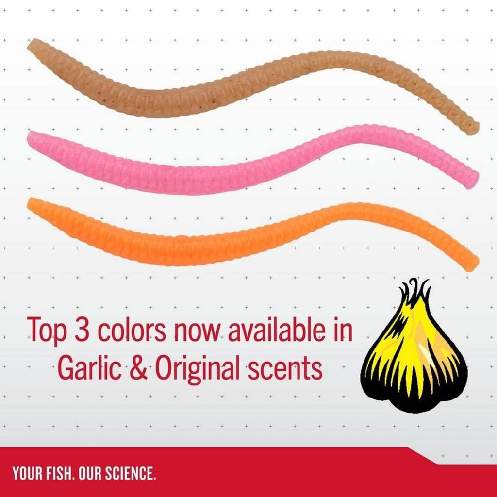 Soft floating trout worms in pink, orange, and tan-brown curled bodies