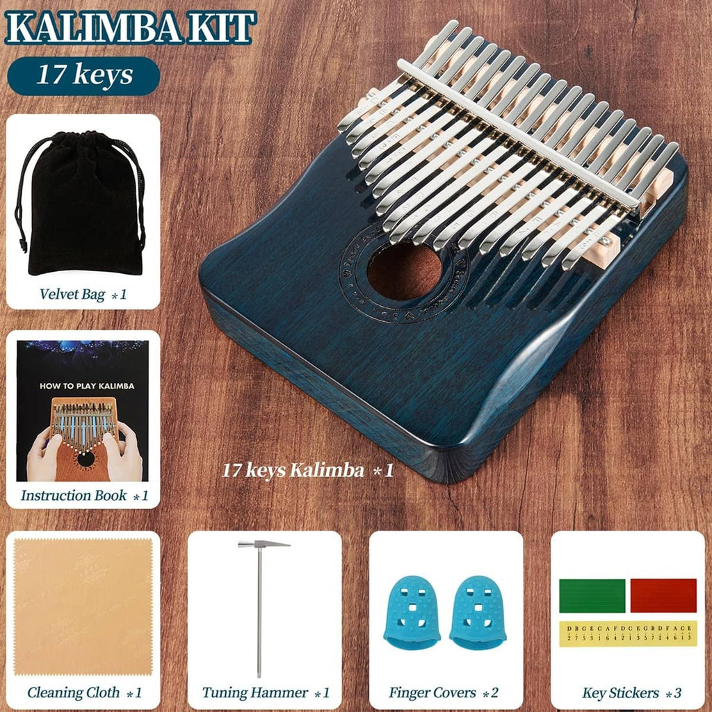 Blue 17-key kalimba kit with velvet bag and instruction book, plus tuning tools